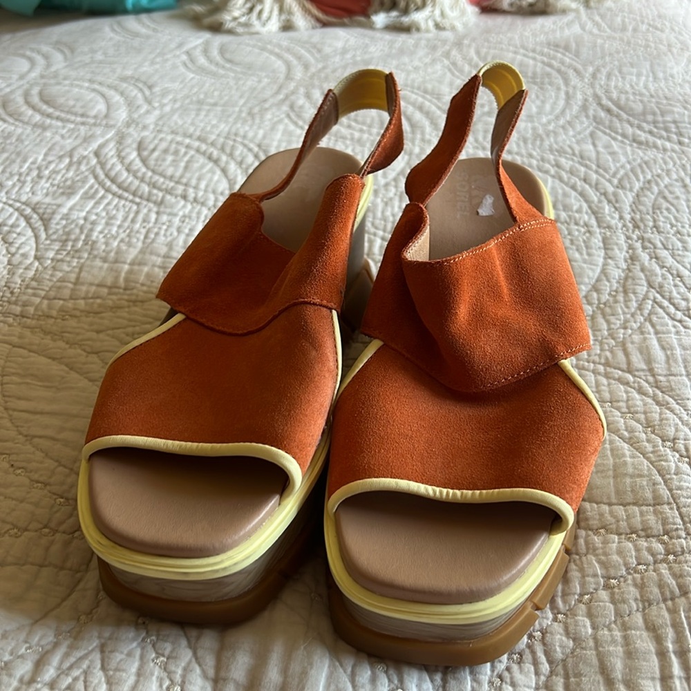 Sorel Orange and yellow wedge sandals.  Size 10